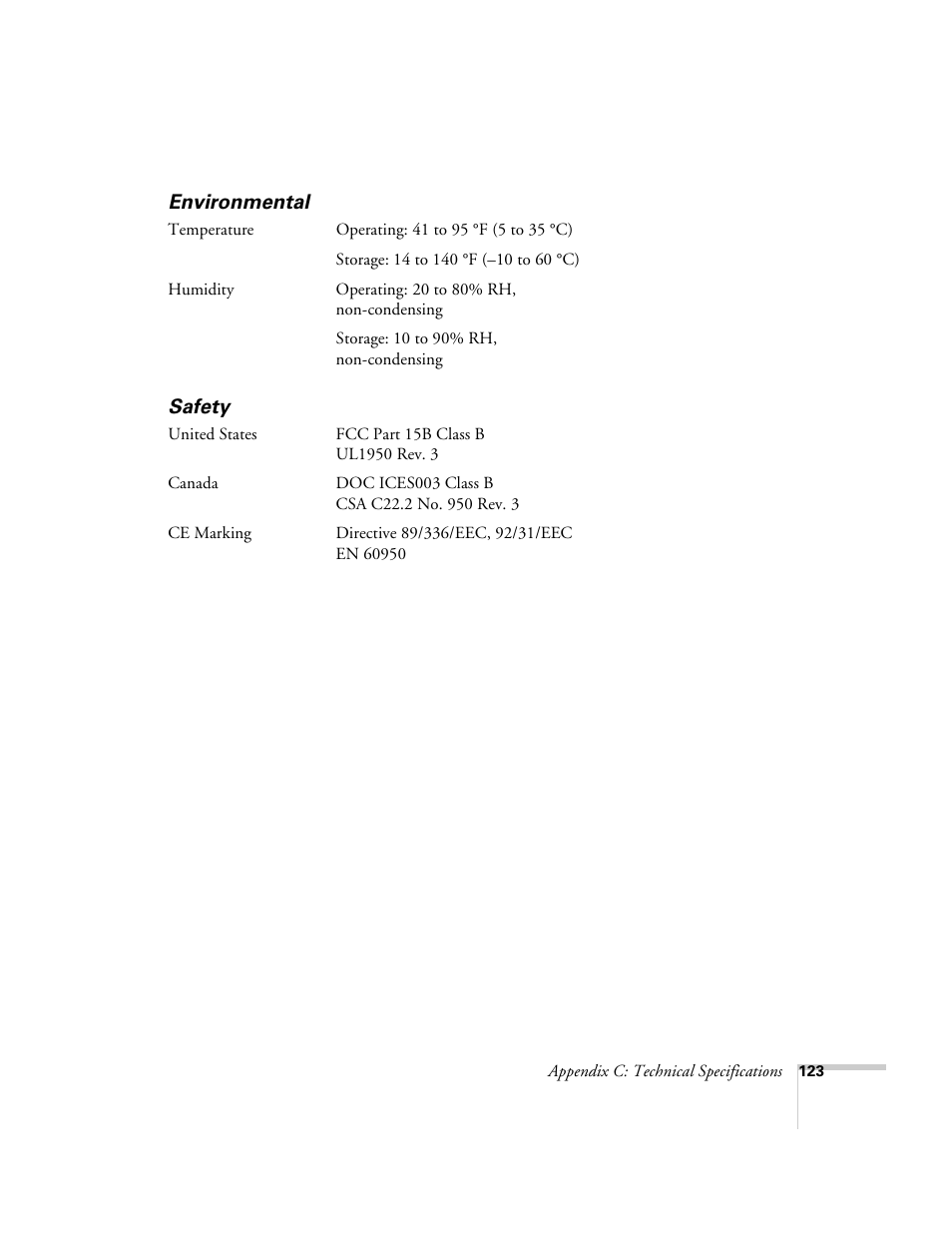 Environmental, Safety, Environmental safety | Epson 715c User Manual | Page 132 / 141