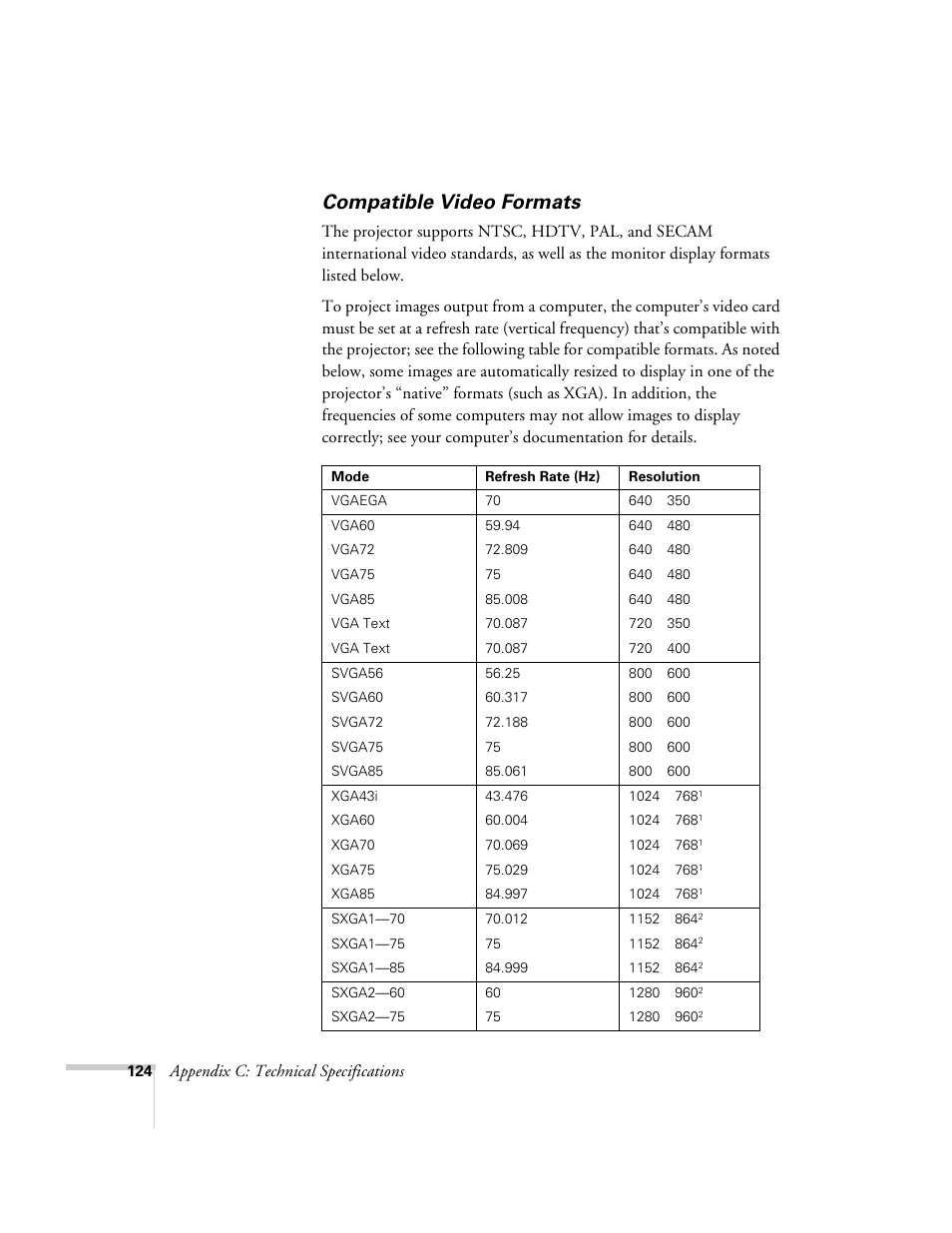 Compatible video formats, Appendix c: technical specifications | Epson 715c User Manual | Page 133 / 141