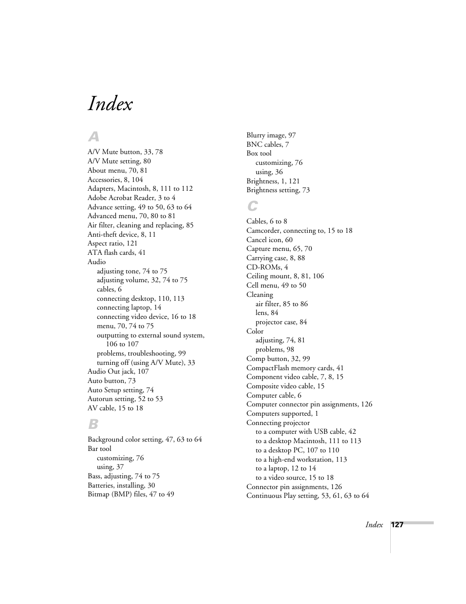 Index | Epson 715c User Manual | Page 136 / 141