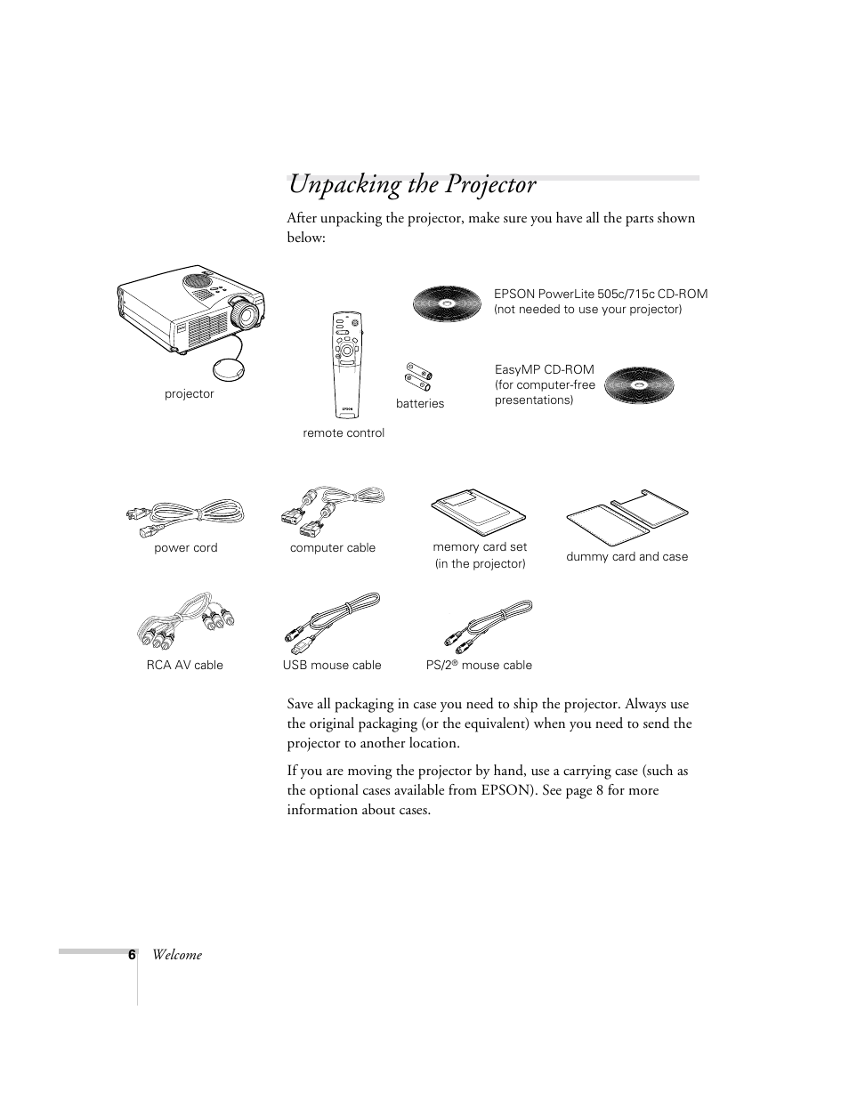 Unpacking the projector, Welcome | Epson 715c User Manual | Page 15 / 141