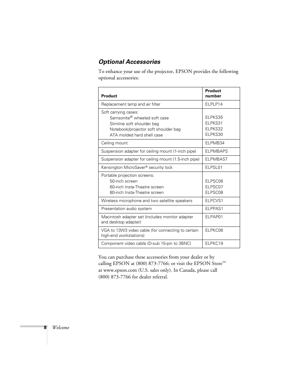 Optional accessories | Epson 715c User Manual | Page 17 / 141