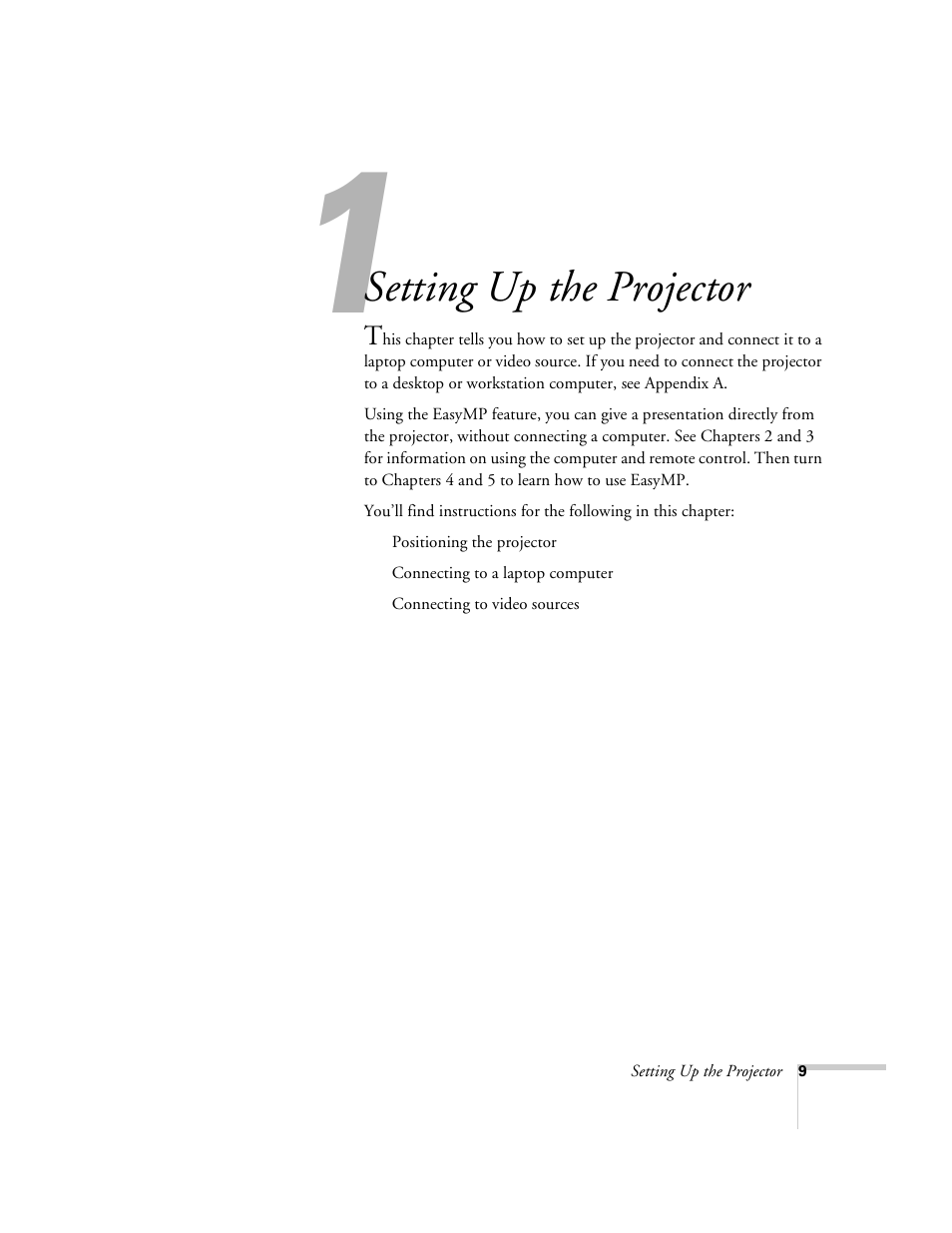 Chap 1-setting up the projector, Setting up the projector | Epson 715c User Manual | Page 18 / 141