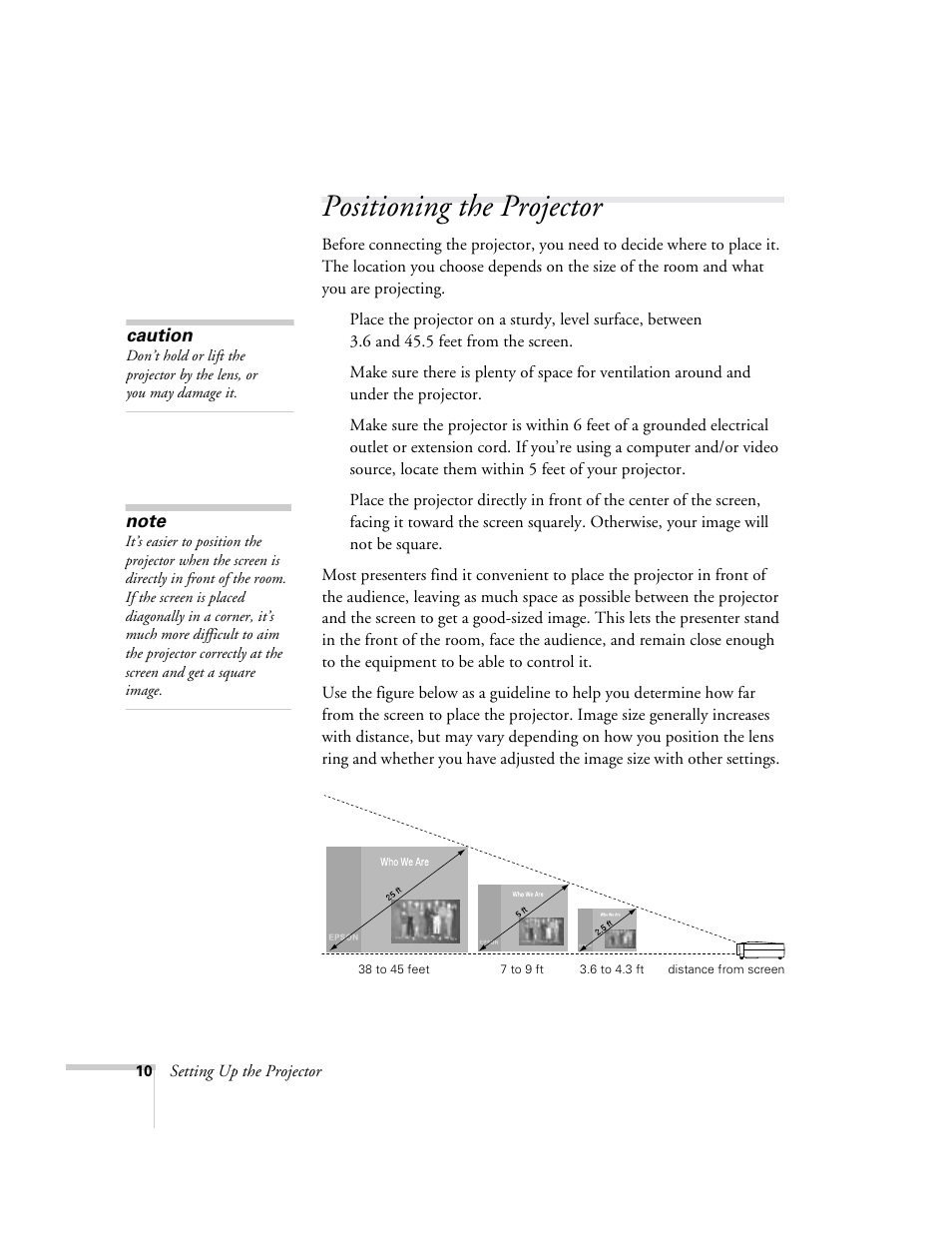 Positioning the projector | Epson 715c User Manual | Page 19 / 141