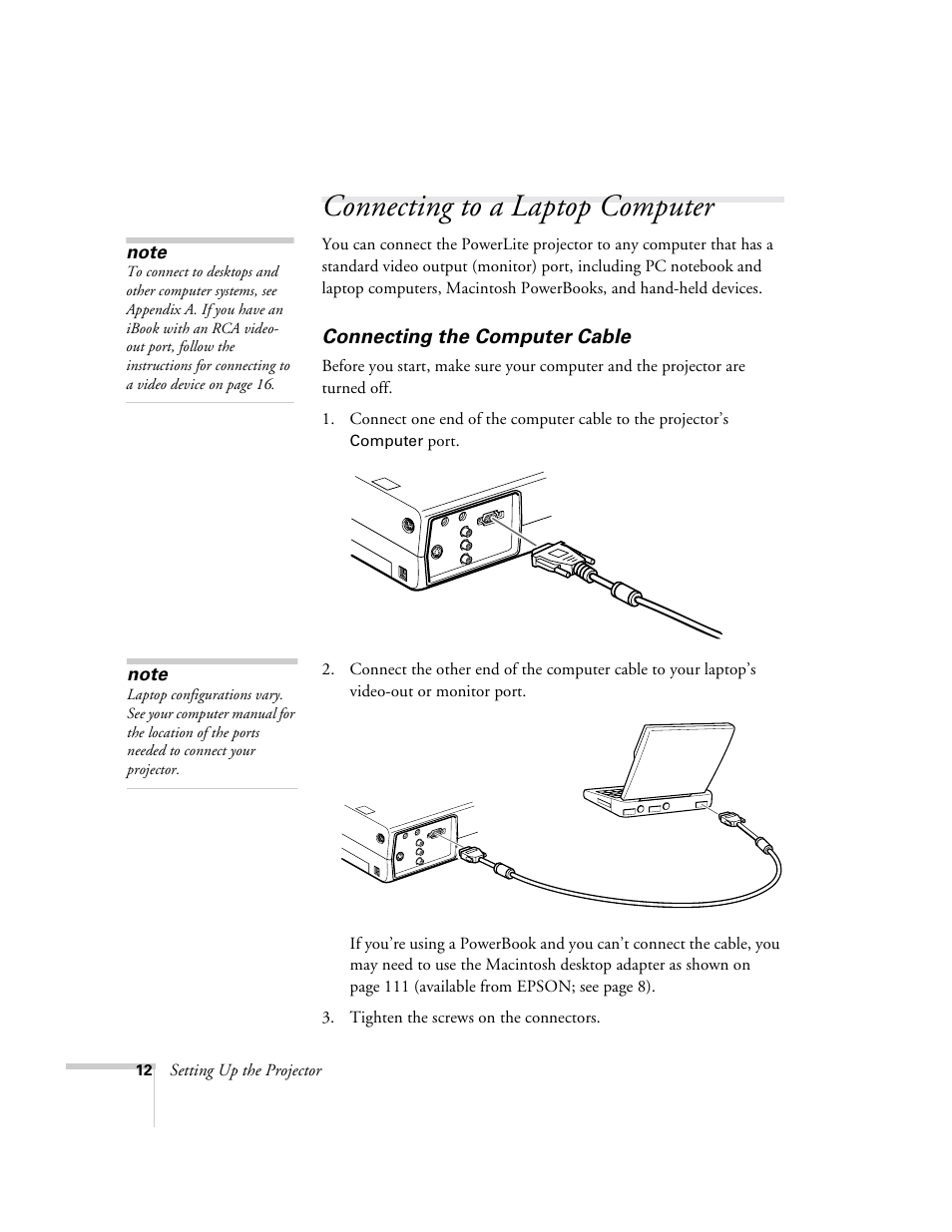 Connecting to a laptop computer, Connecting the computer cable | Epson 715c User Manual | Page 21 / 141