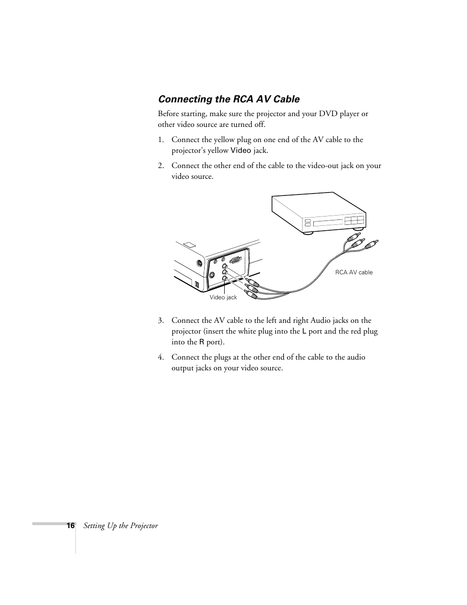 Connecting the rca av cable | Epson 715c User Manual | Page 25 / 141
