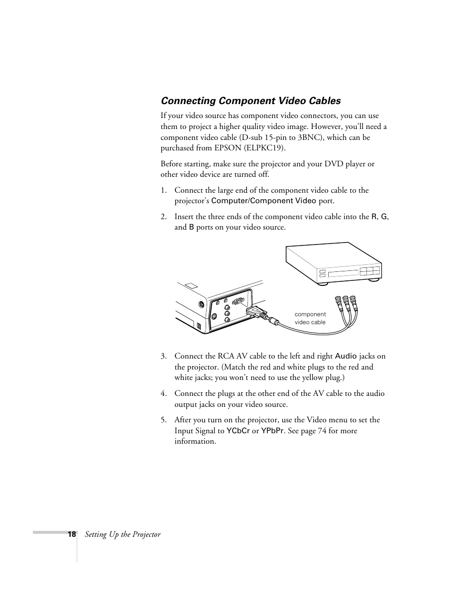 Connecting component video cables | Epson 715c User Manual | Page 27 / 141