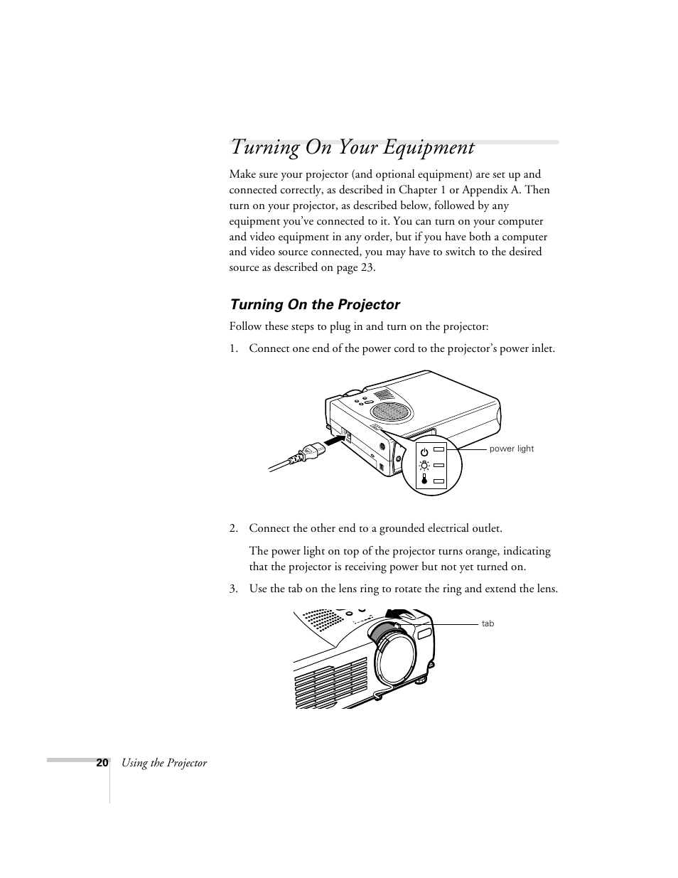 Turning on your equipment, Turning on the projector | Epson 715c User Manual | Page 29 / 141