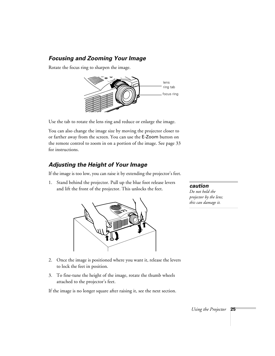 Focusing and zooming your image, Adjusting the height of your image | Epson 715c User Manual | Page 34 / 141