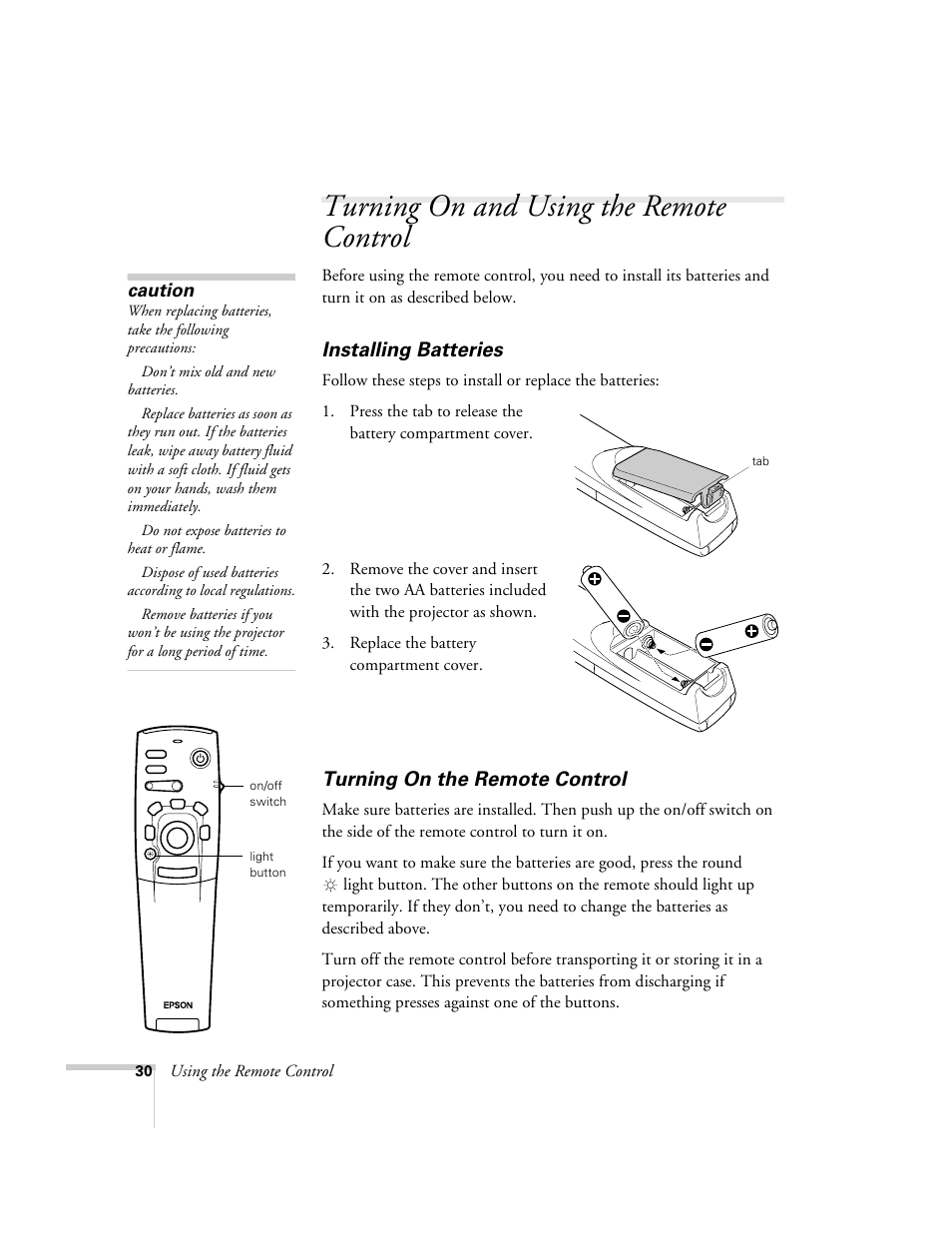 Turning on and using the remote control, Installing batteries, Turning on the remote control | Installing batteries turning on the remote control, Caution, Using the remote control | Epson 715c User Manual | Page 39 / 141