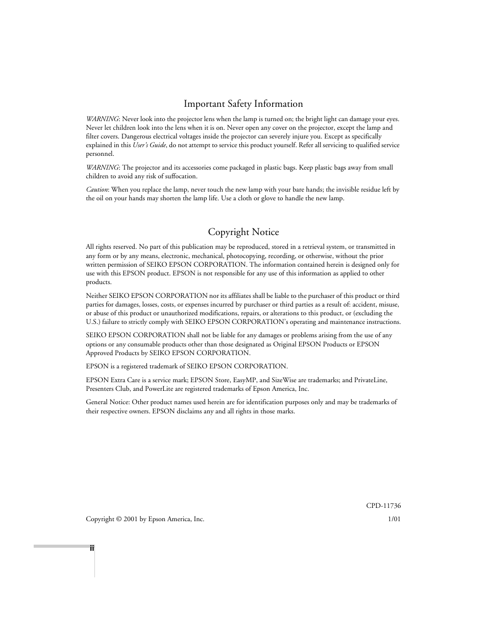 Important safety information, Copyright notice | Epson 715c User Manual | Page 4 / 141