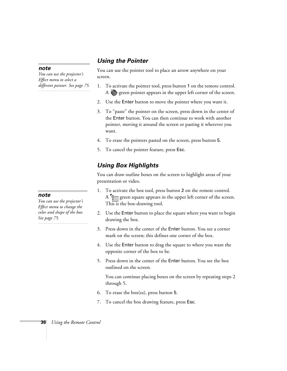 Using the pointer, Using box highlights, Using the pointer using box highlights | Epson 715c User Manual | Page 45 / 141