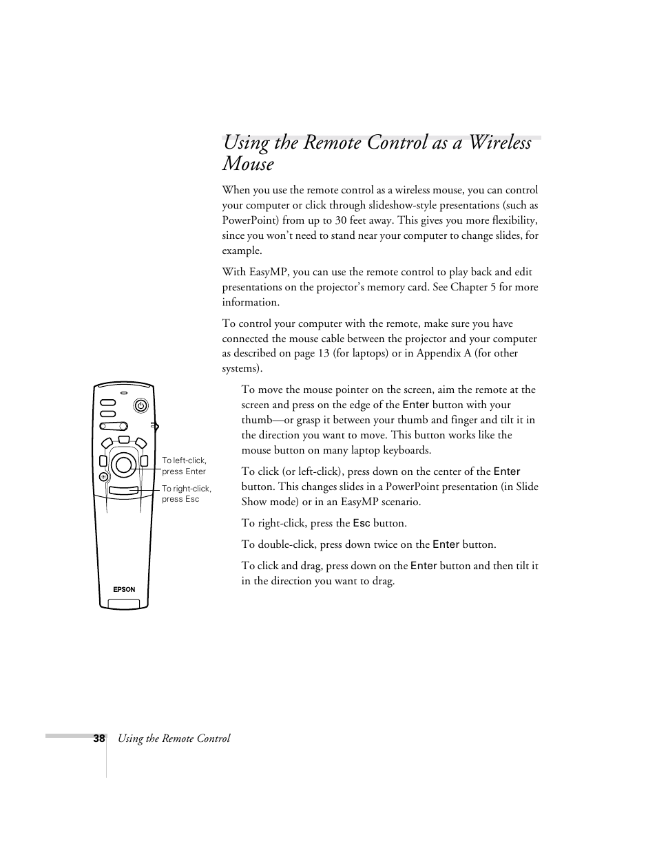 Using the remote control as a wireless mouse, Using the remote control, Button | Epson 715c User Manual | Page 47 / 141