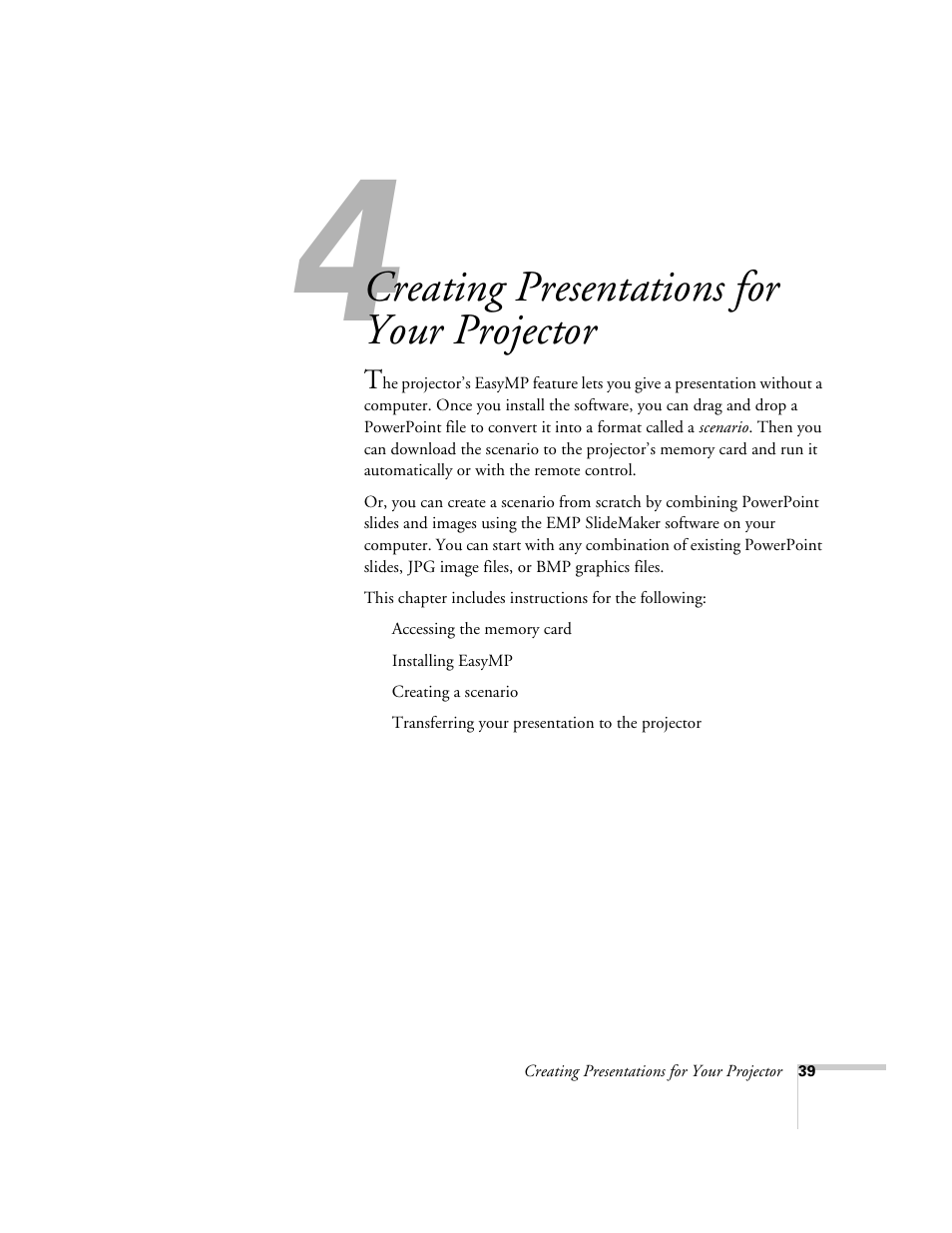 Chap 4-creating presentations for your projector, Creating presentations for your projector | Epson 715c User Manual | Page 48 / 141