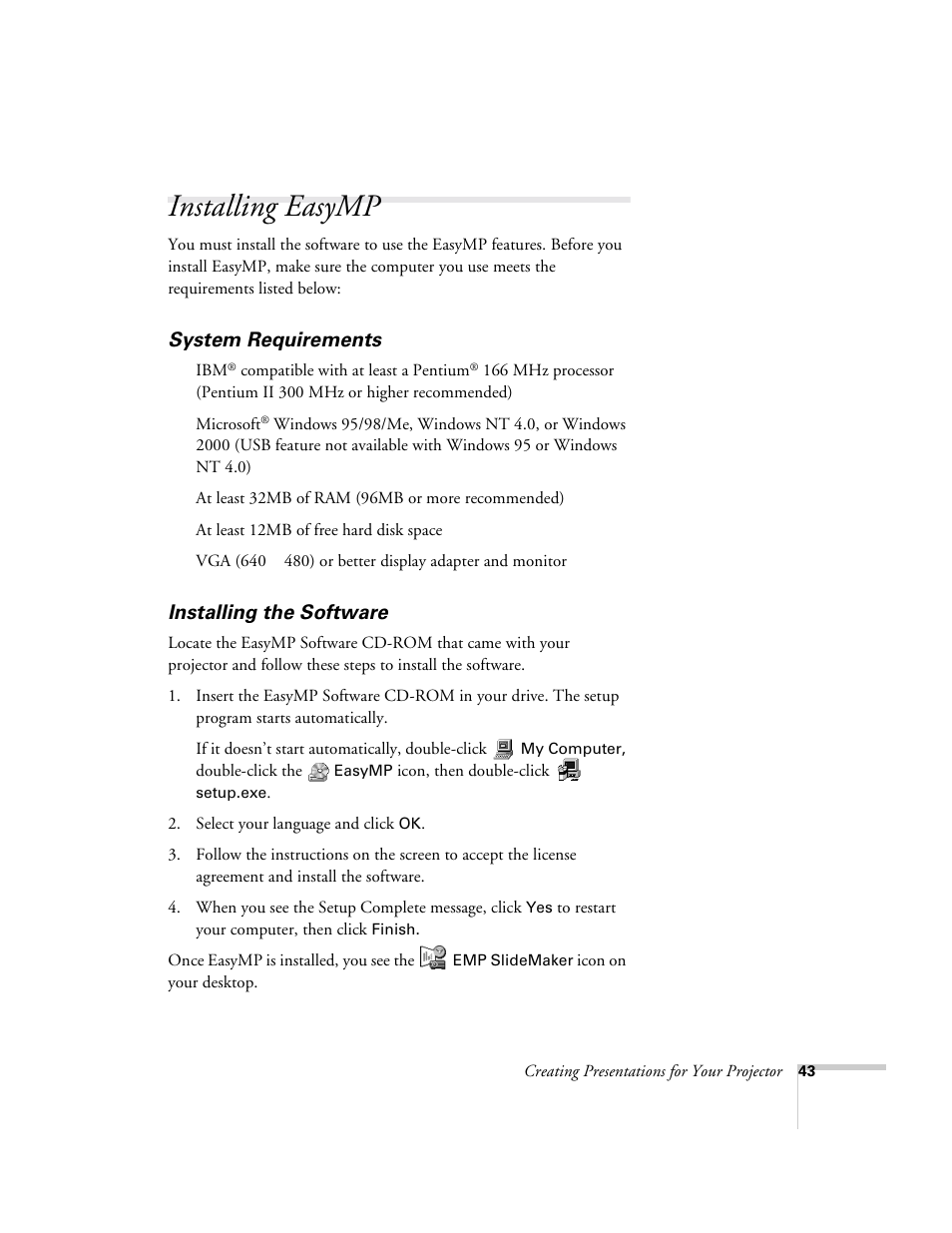 Installing easymp, System requirements, Installing the software | System requirements installing the software | Epson 715c User Manual | Page 52 / 141