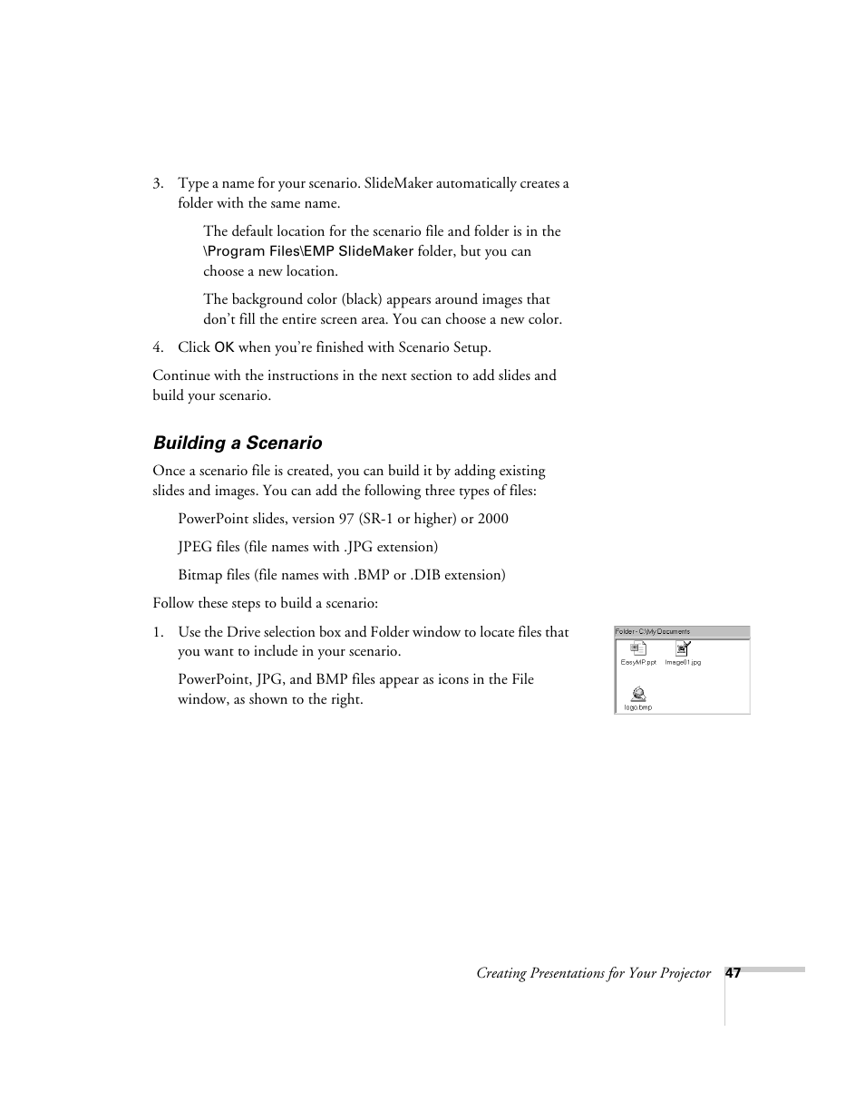 Building a scenario | Epson 715c User Manual | Page 56 / 141