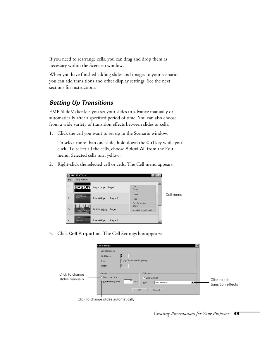 Setting up transitions | Epson 715c User Manual | Page 58 / 141