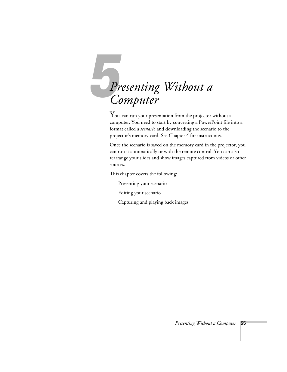 Chap 5-presenting without a computer, Presenting without a computer | Epson 715c User Manual | Page 64 / 141