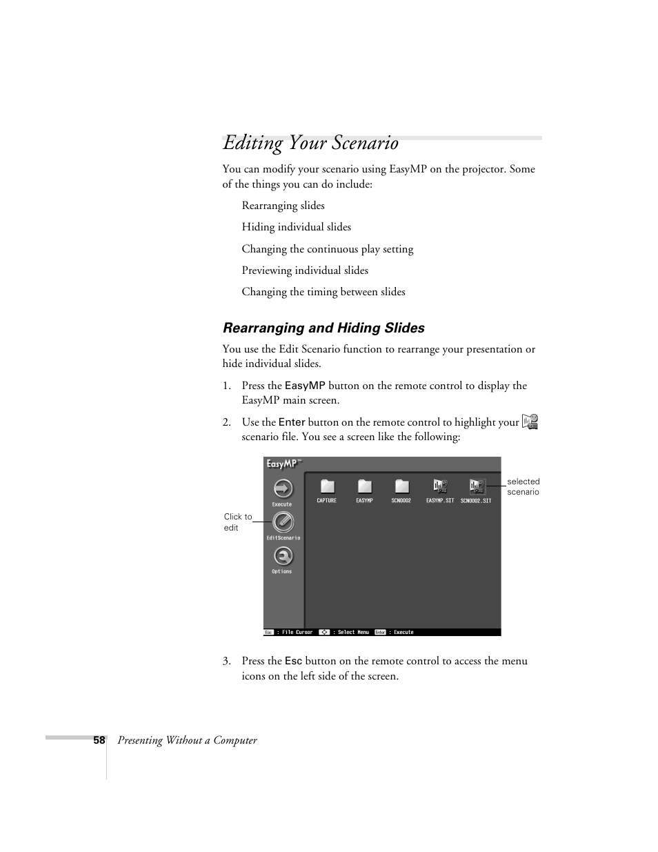 Editing your scenario, Rearranging and hiding slides | Epson 715c User Manual | Page 67 / 141