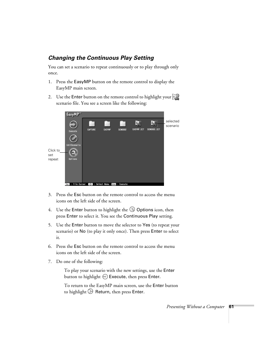 Changing the continuous play setting | Epson 715c User Manual | Page 70 / 141