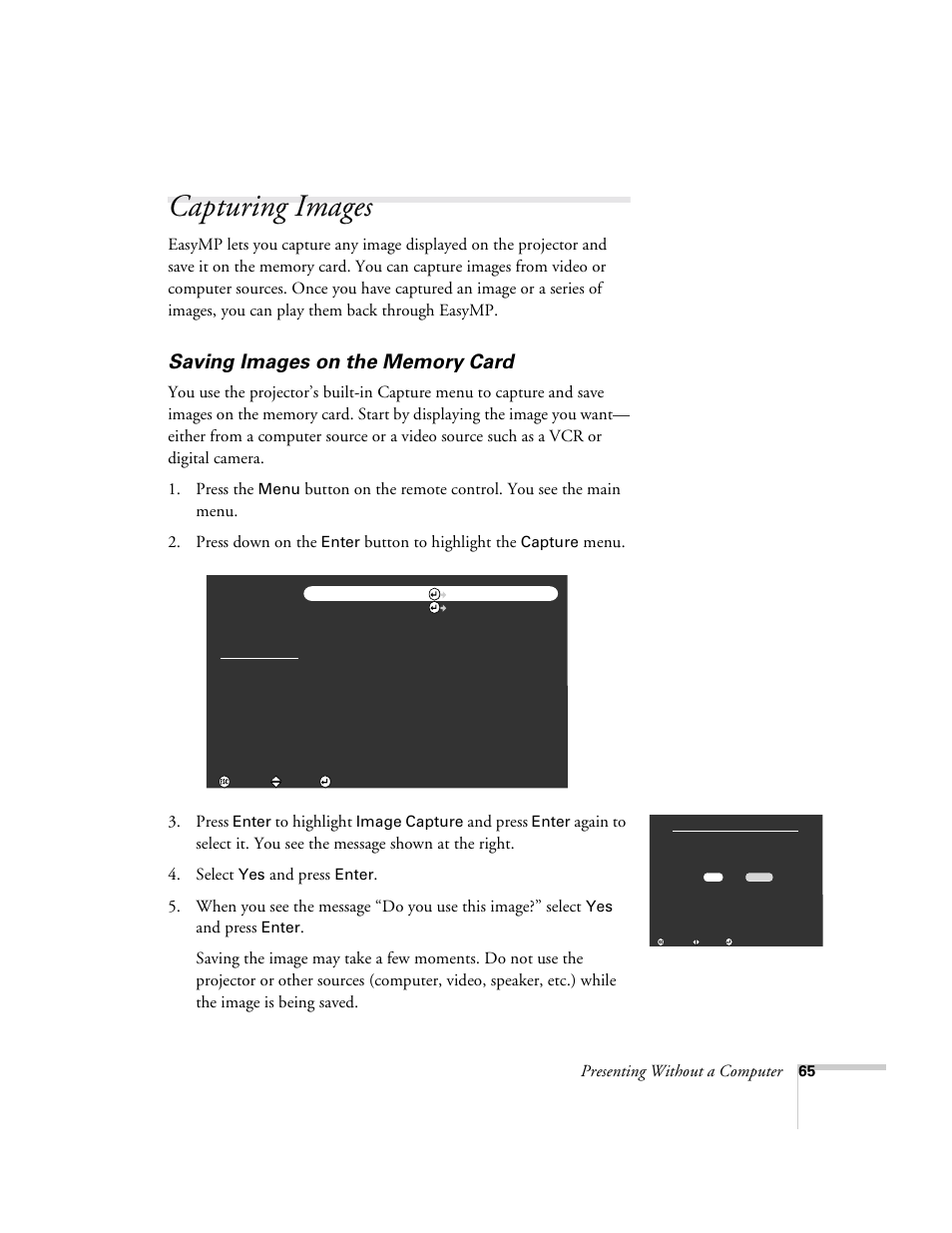 Capturing images, Saving images on the memory card | Epson 715c User Manual | Page 74 / 141