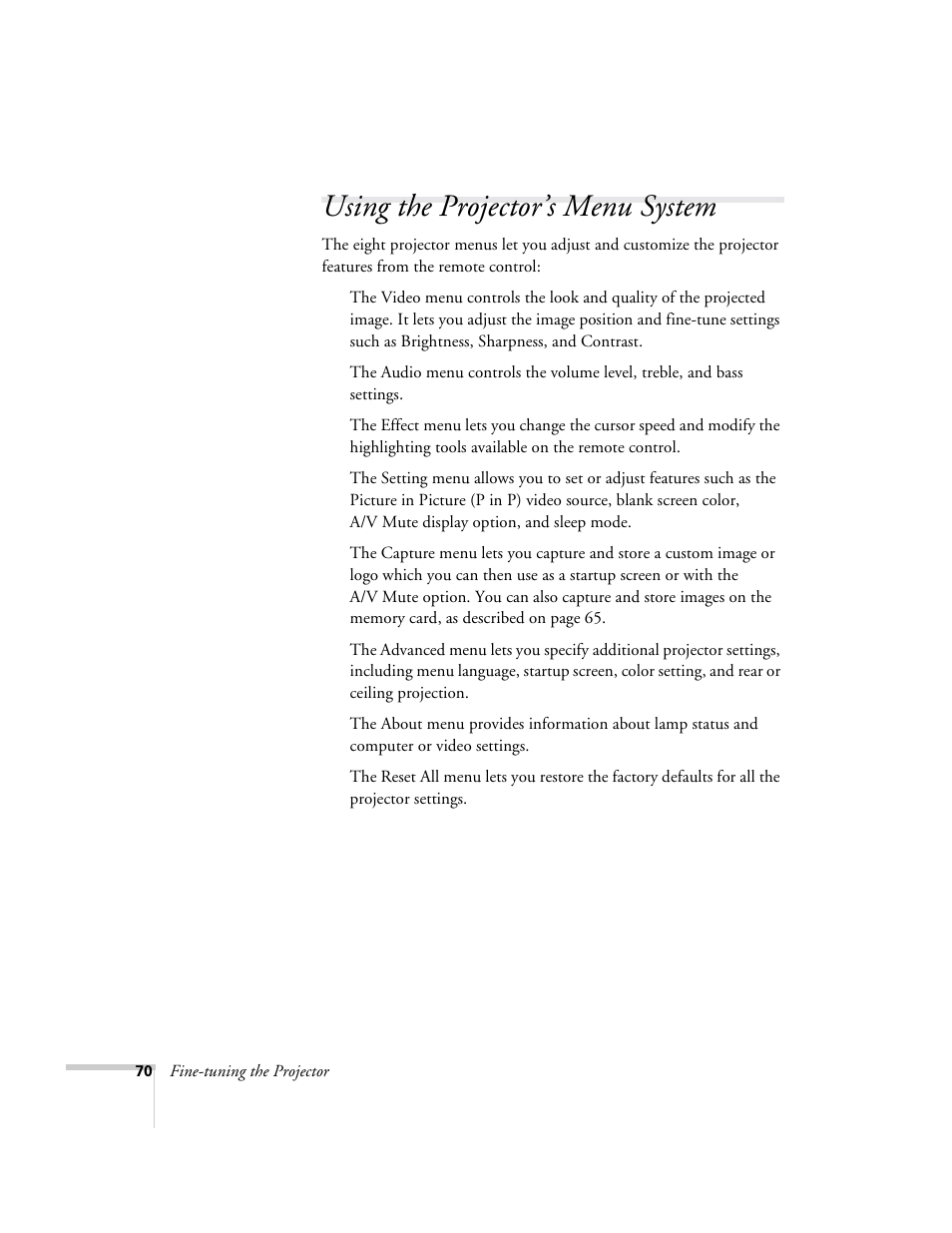 Using the projector’s menu system | Epson 715c User Manual | Page 79 / 141