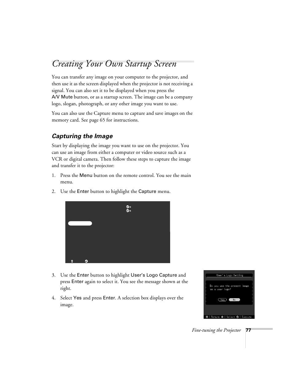 Creating your own startup screen, Capturing the image | Epson 715c User Manual | Page 86 / 141