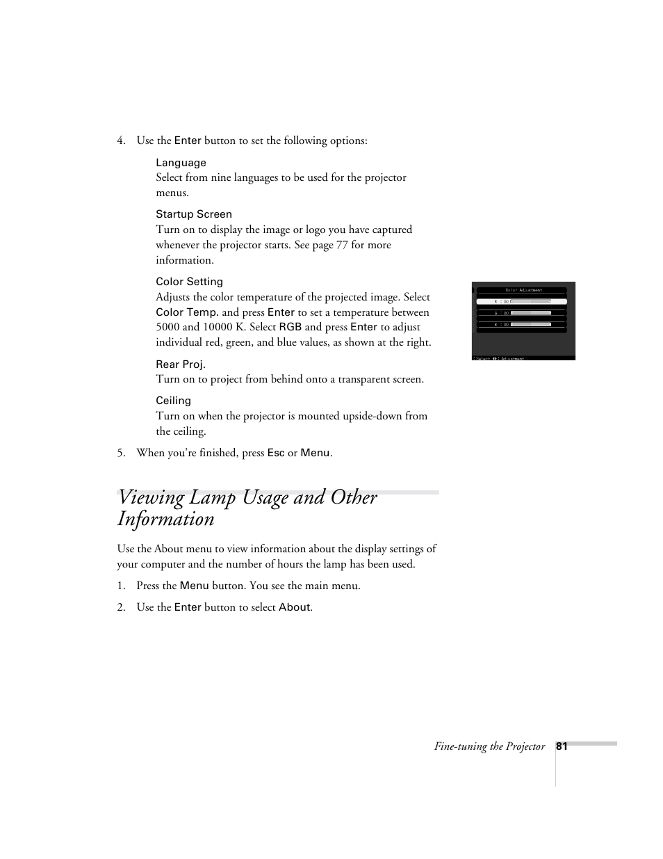 Viewing lamp usage and other information | Epson 715c User Manual | Page 90 / 141