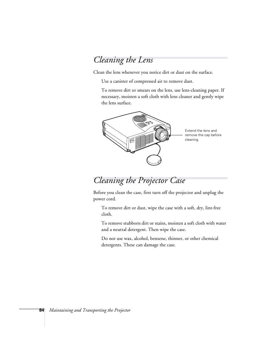 Cleaning the lens, Cleaning the projector case, Cleaning the lens cleaning the projector case | Epson 715c User Manual | Page 93 / 141