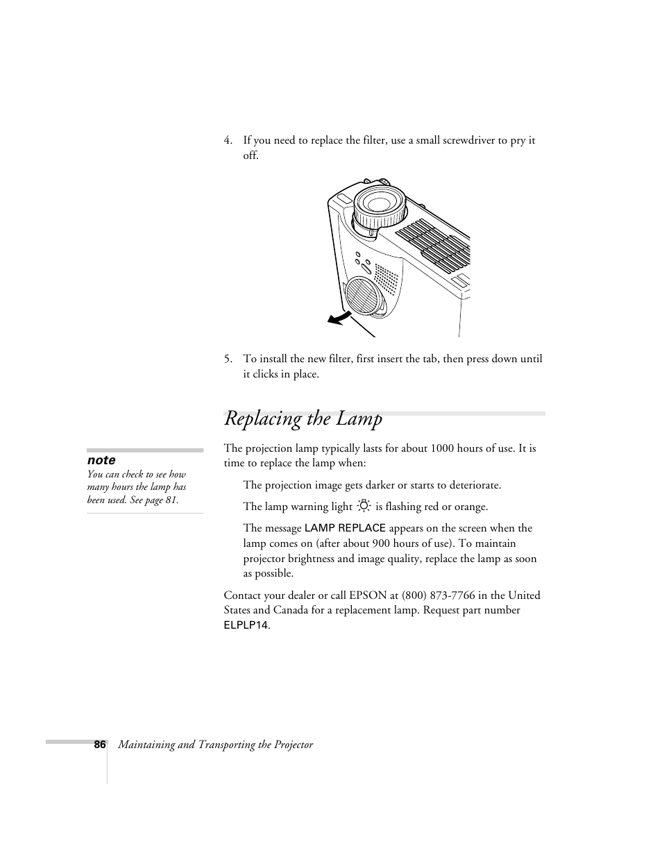 Replacing the lamp | Epson 715c User Manual | Page 95 / 141