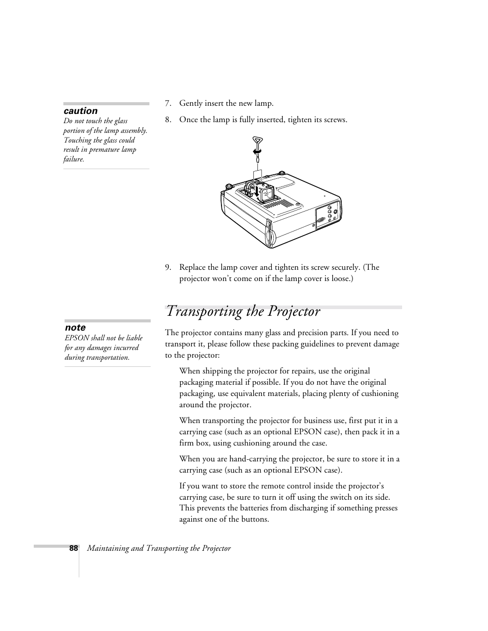 Transporting the projector | Epson 715c User Manual | Page 97 / 141