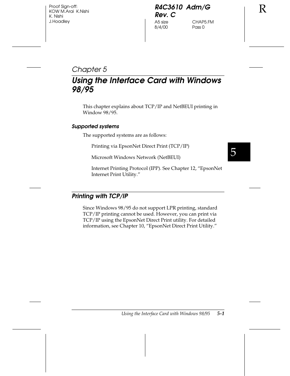 Printing with tcp/ ip, Using the interface card with windows 98/95, Chapter 5 | Epson C82362 User Manual | Page 109 / 279