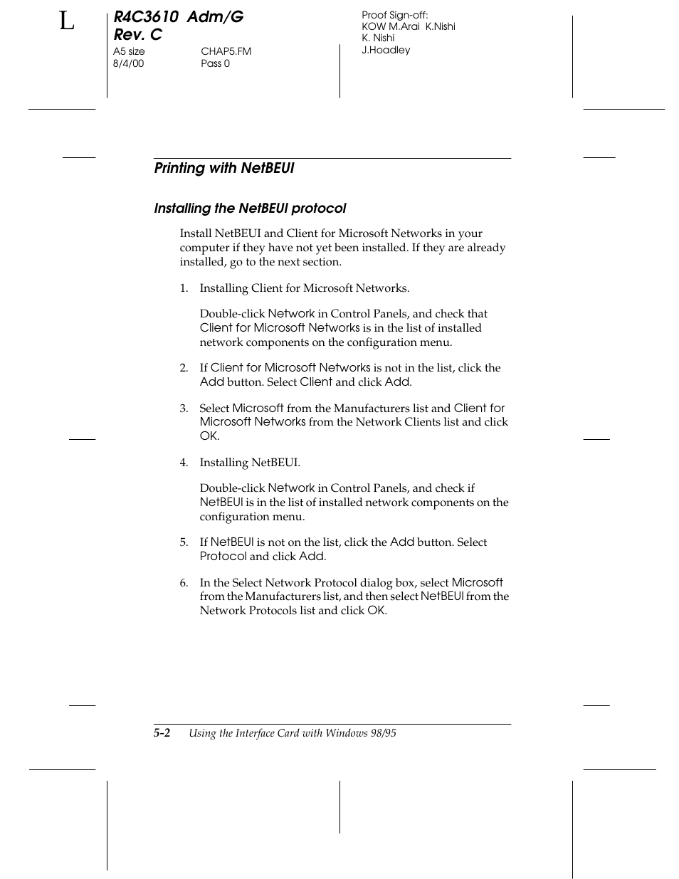 Printing with netbeui, Installing the netbeui protocol | Epson C82362 User Manual | Page 110 / 279