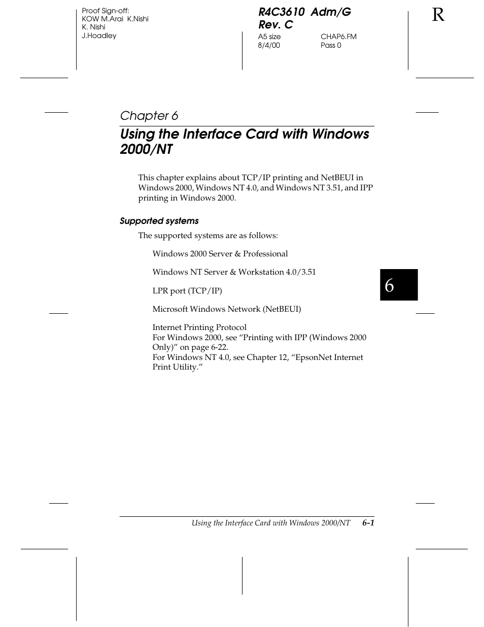 Using the interface card with windows 2000/nt, Chapter 6 | Epson C82362 User Manual | Page 119 / 279