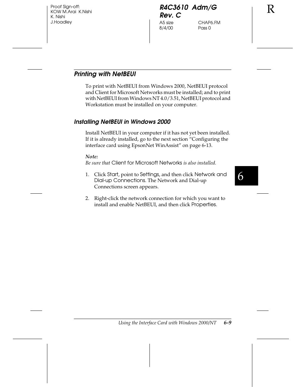 Printing with netbeui, Installing netbeui in windows 2000 | Epson C82362 User Manual | Page 127 / 279