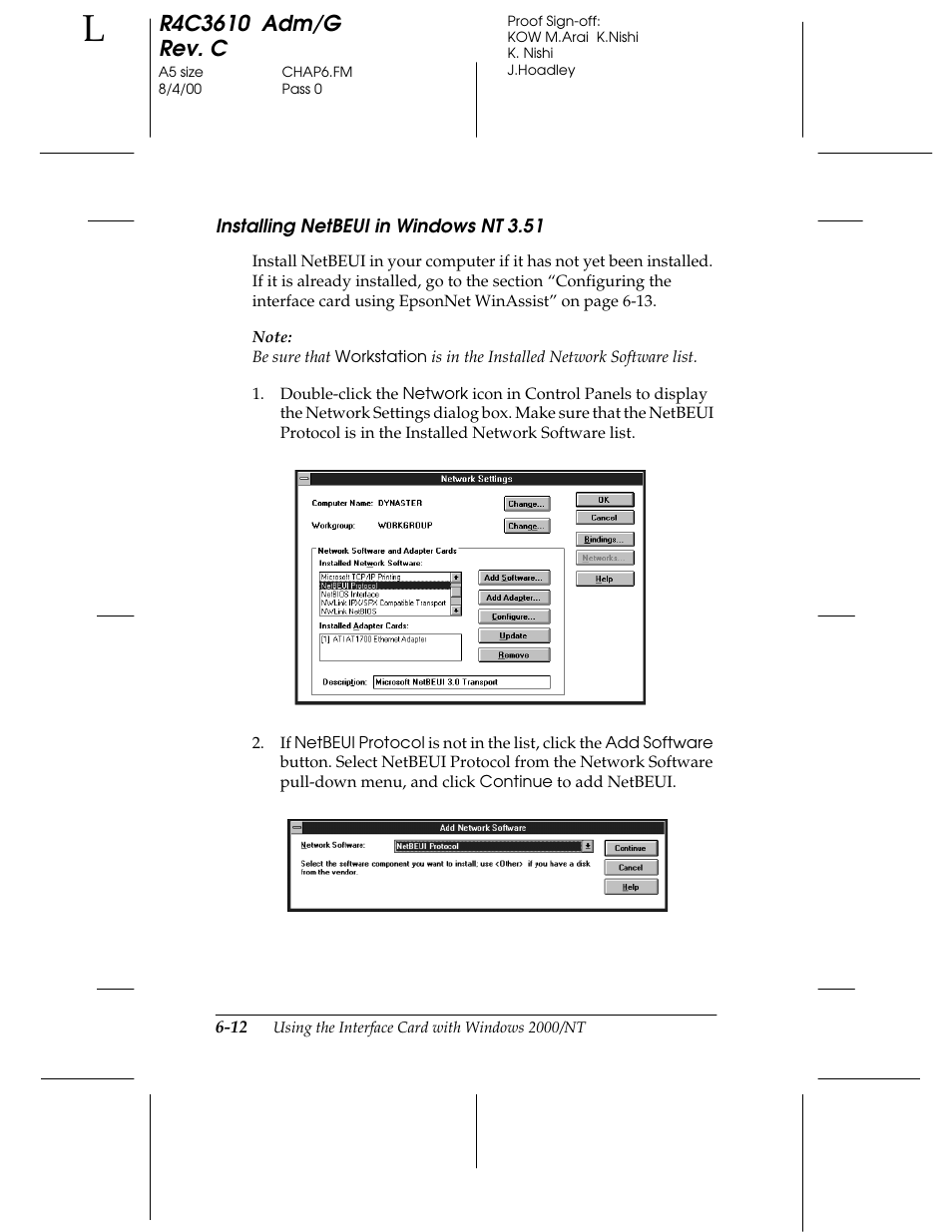 Installing netbeui in windows nt 3.51 | Epson C82362 User Manual | Page 130 / 279