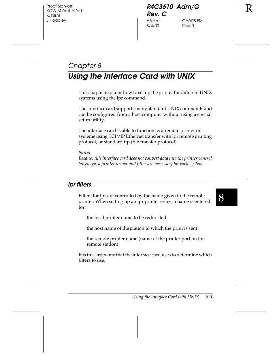 Chap 8-using the interface card with unix, Lpr filters, Using the interface card with unix | Chapter 8 | Epson C82362 User Manual | Page 149 / 279