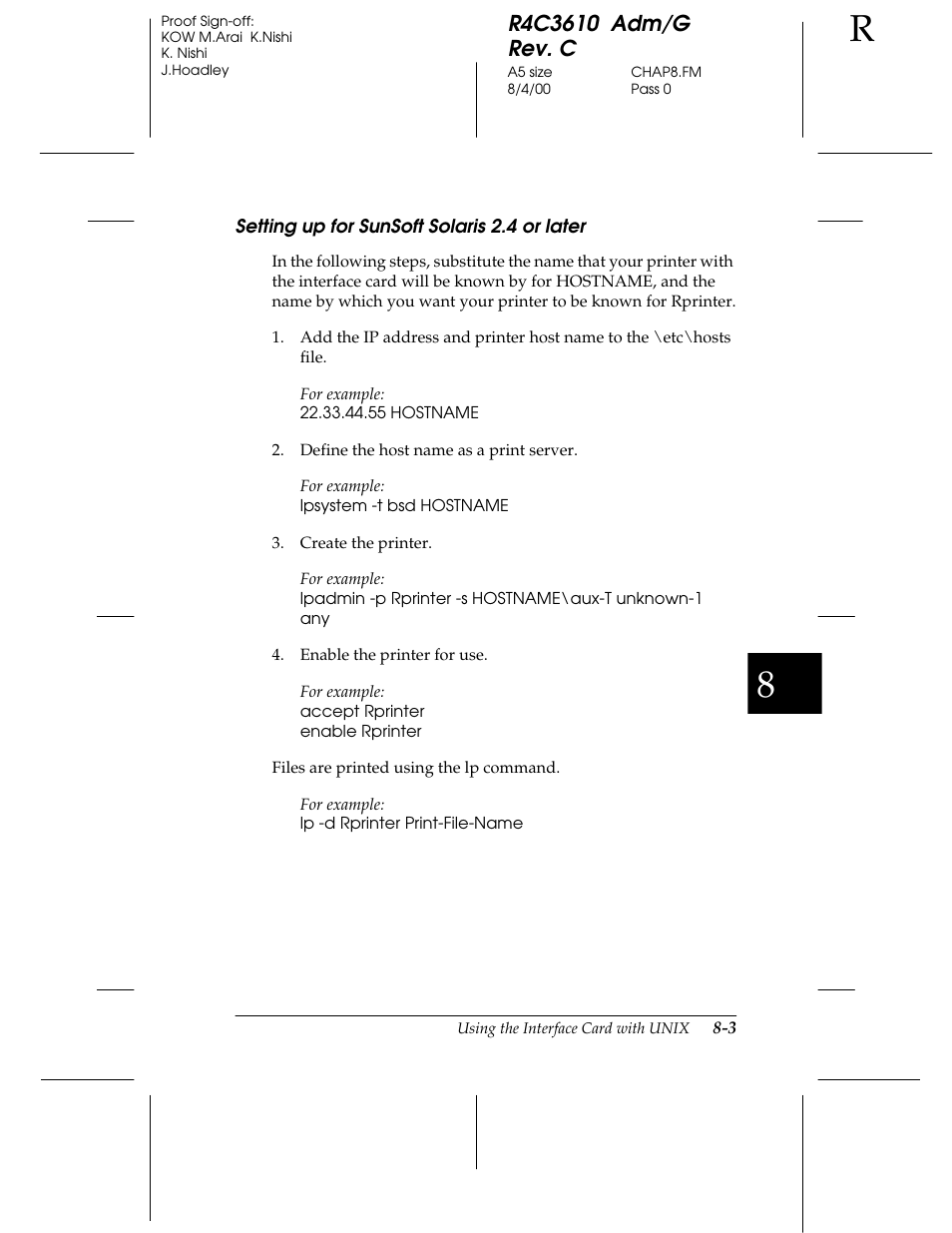 Setting up for sunsoft solaris 2.4 or later | Epson C82362 User Manual | Page 151 / 279