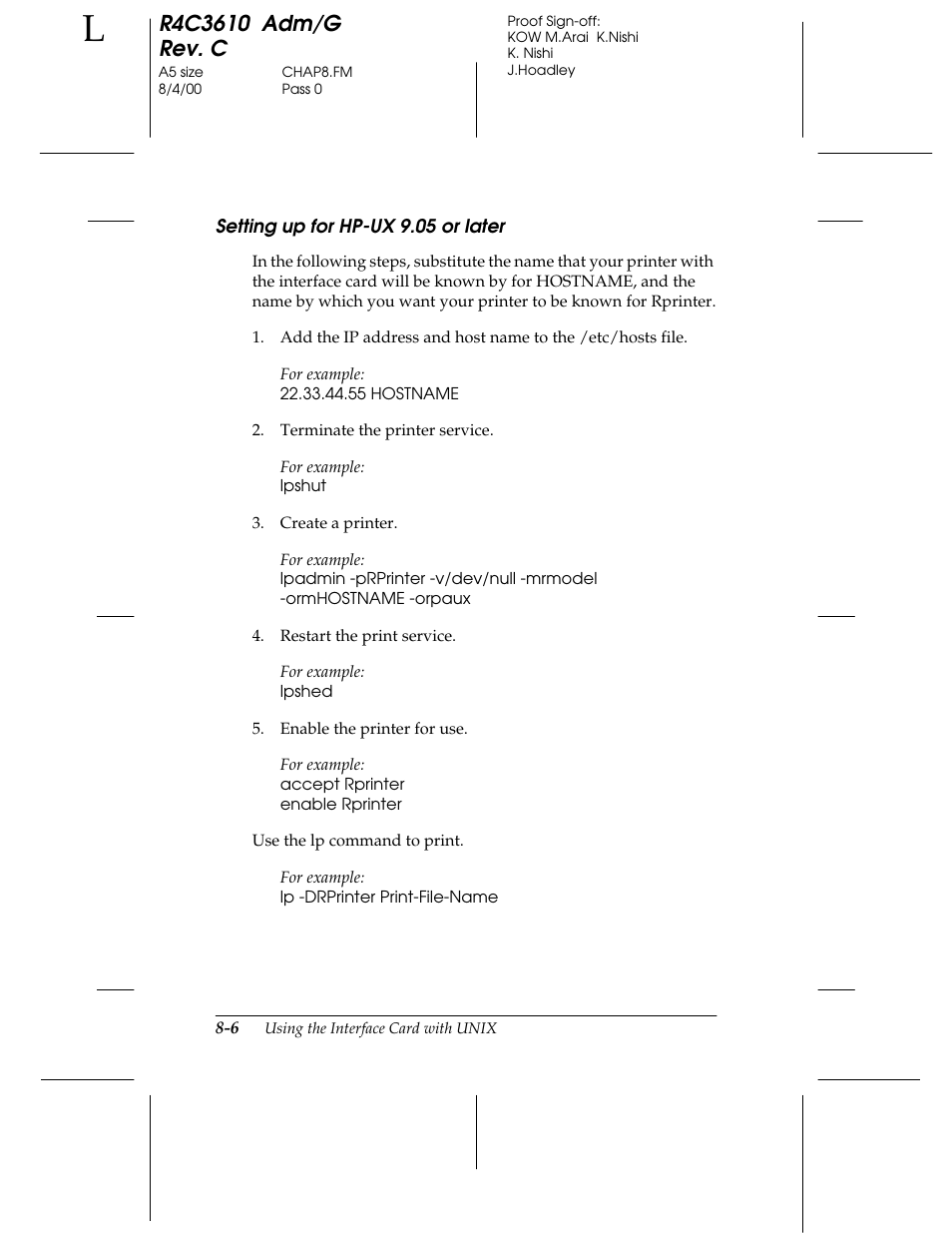 Setting up for hp- ux 9.05 or later | Epson C82362 User Manual | Page 154 / 279