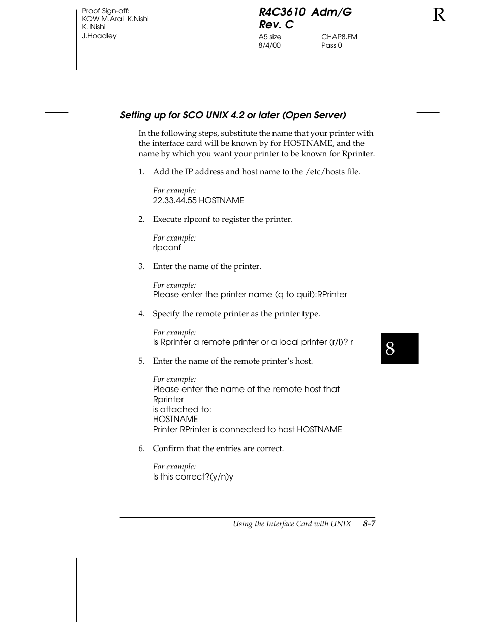 Setting up for sco unix 4.2 or later (open server) | Epson C82362 User Manual | Page 155 / 279