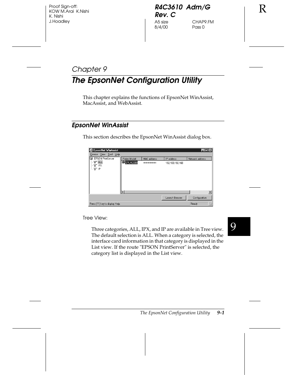 Chap 9-the epsonnet configuration utility, Epsonnet winassist, The epsonnet configuration utility | Chapter 9 | Epson C82362 User Manual | Page 159 / 279