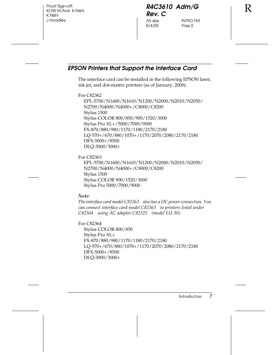 Epson printers that support the interface card | Epson C82362 User Manual | Page 17 / 279