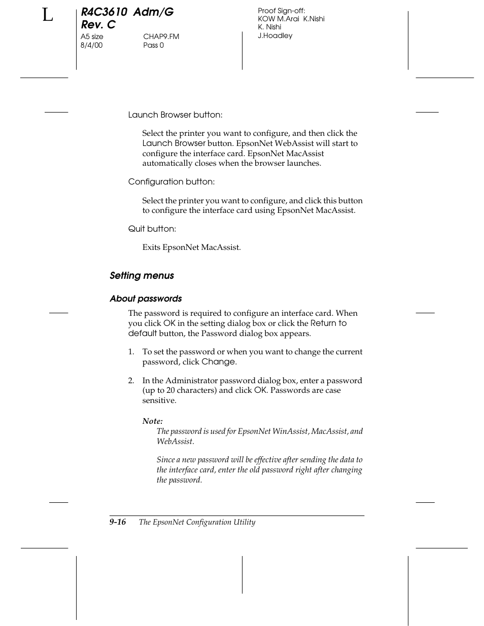 Setting menus | Epson C82362 User Manual | Page 174 / 279