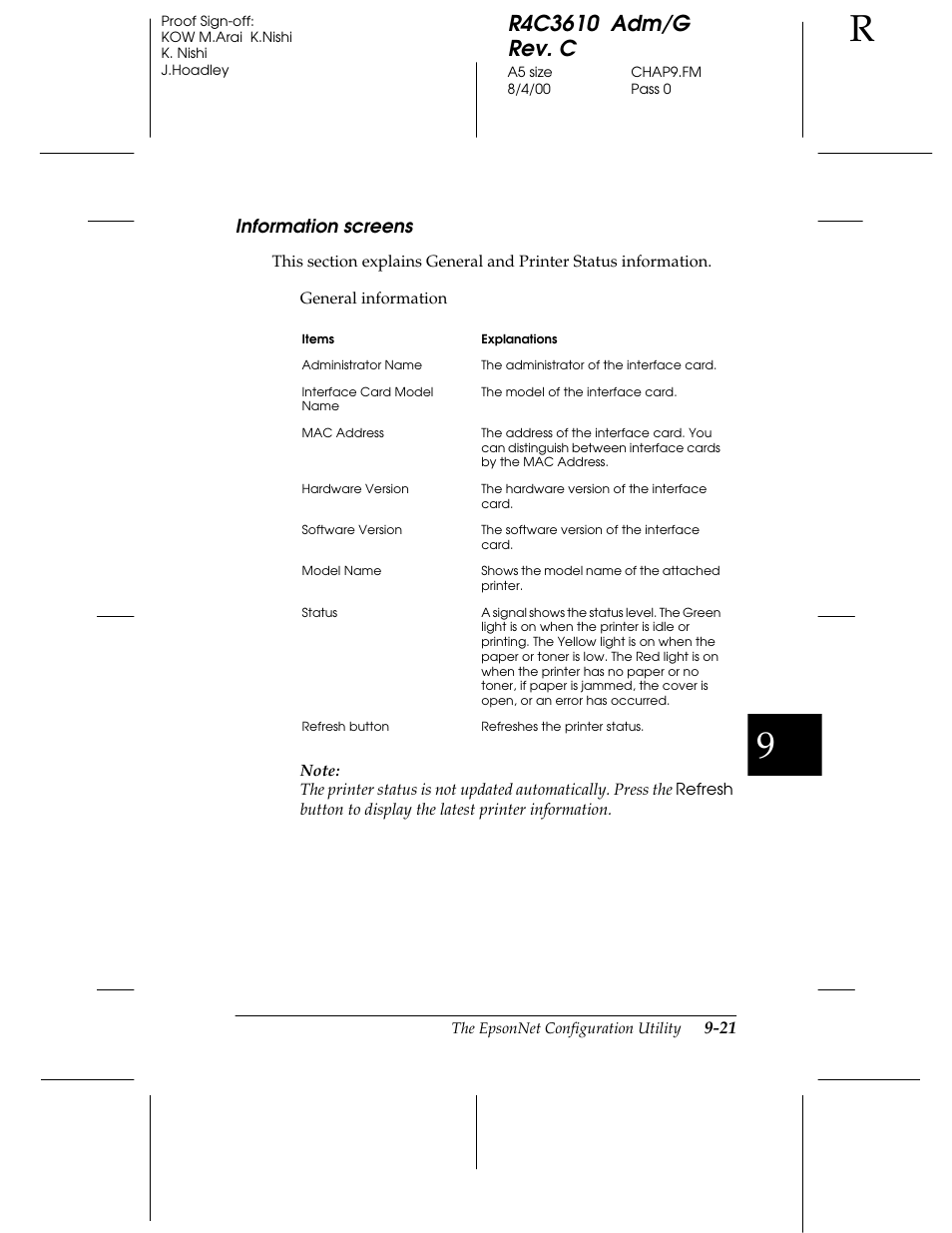 Information screens | Epson C82362 User Manual | Page 179 / 279