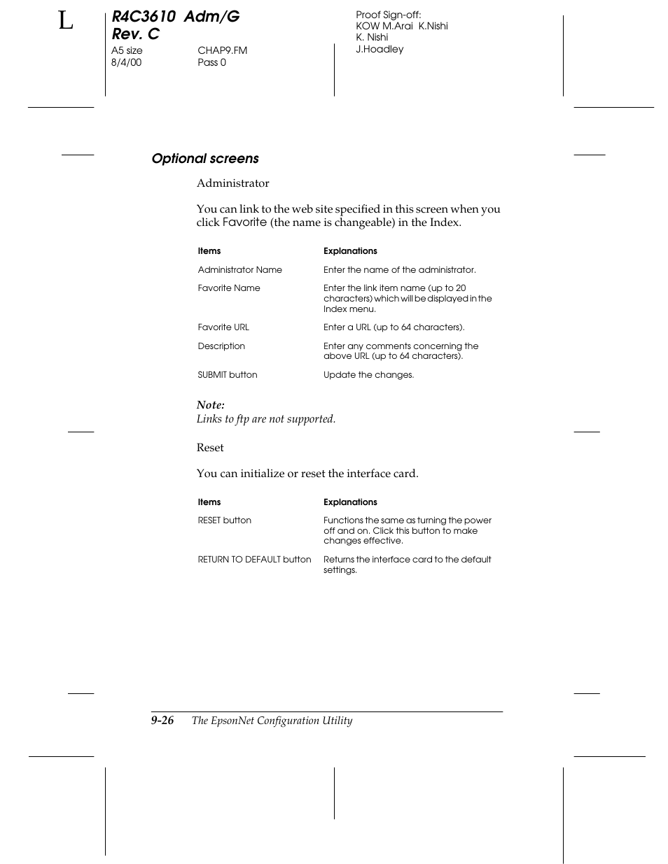 Optional screens | Epson C82362 User Manual | Page 184 / 279