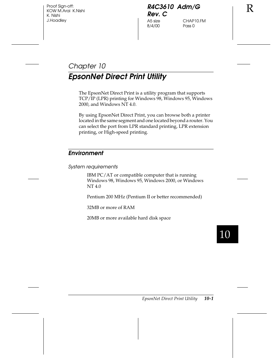 Chap 10-epsonnet direct print utility, Environment, Epsonnet direct print utility | Chapter 10 | Epson C82362 User Manual | Page 187 / 279