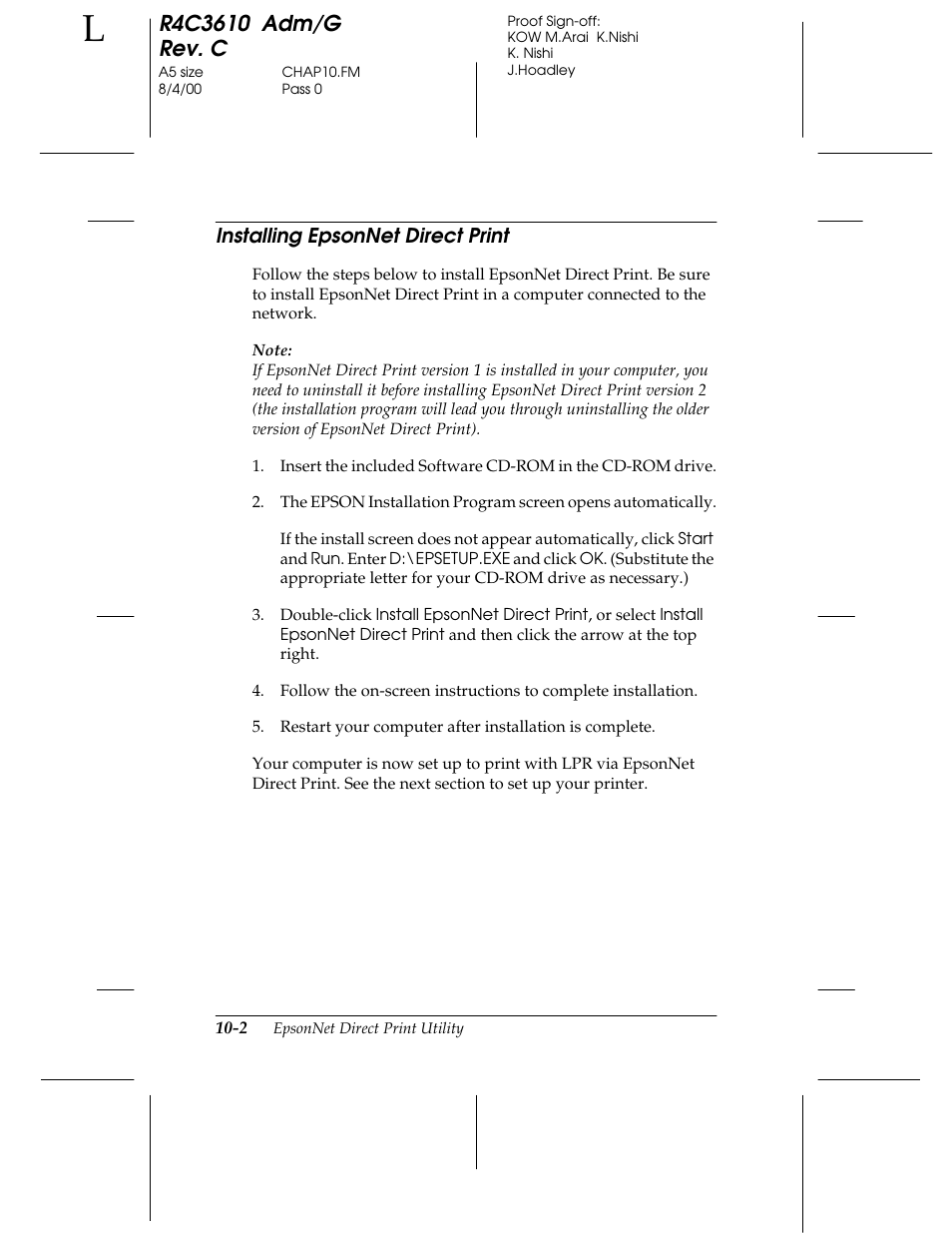 Installing epsonnet direct print | Epson C82362 User Manual | Page 188 / 279