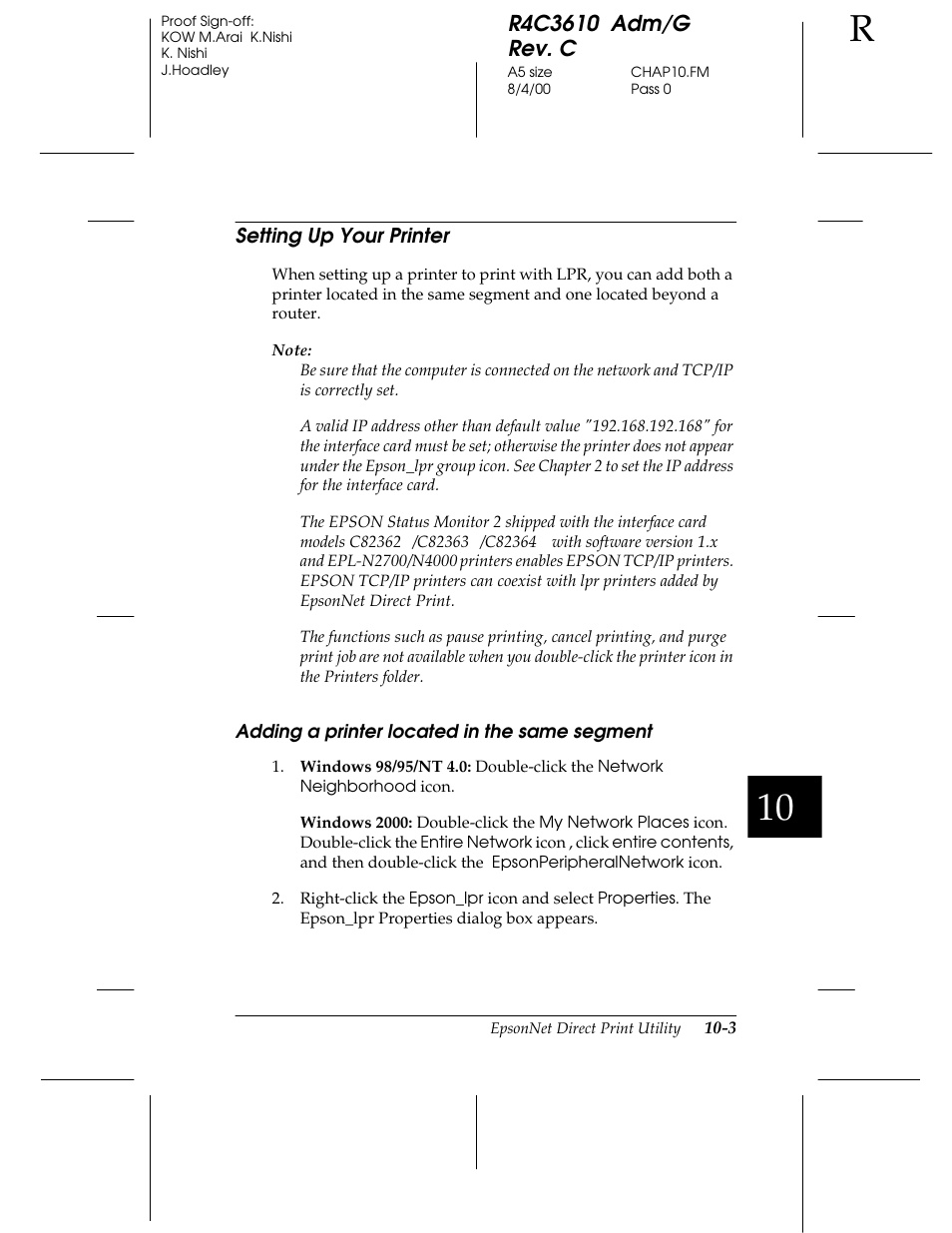 Setting up your printer, Adding a printer located in the same segment | Epson C82362 User Manual | Page 189 / 279