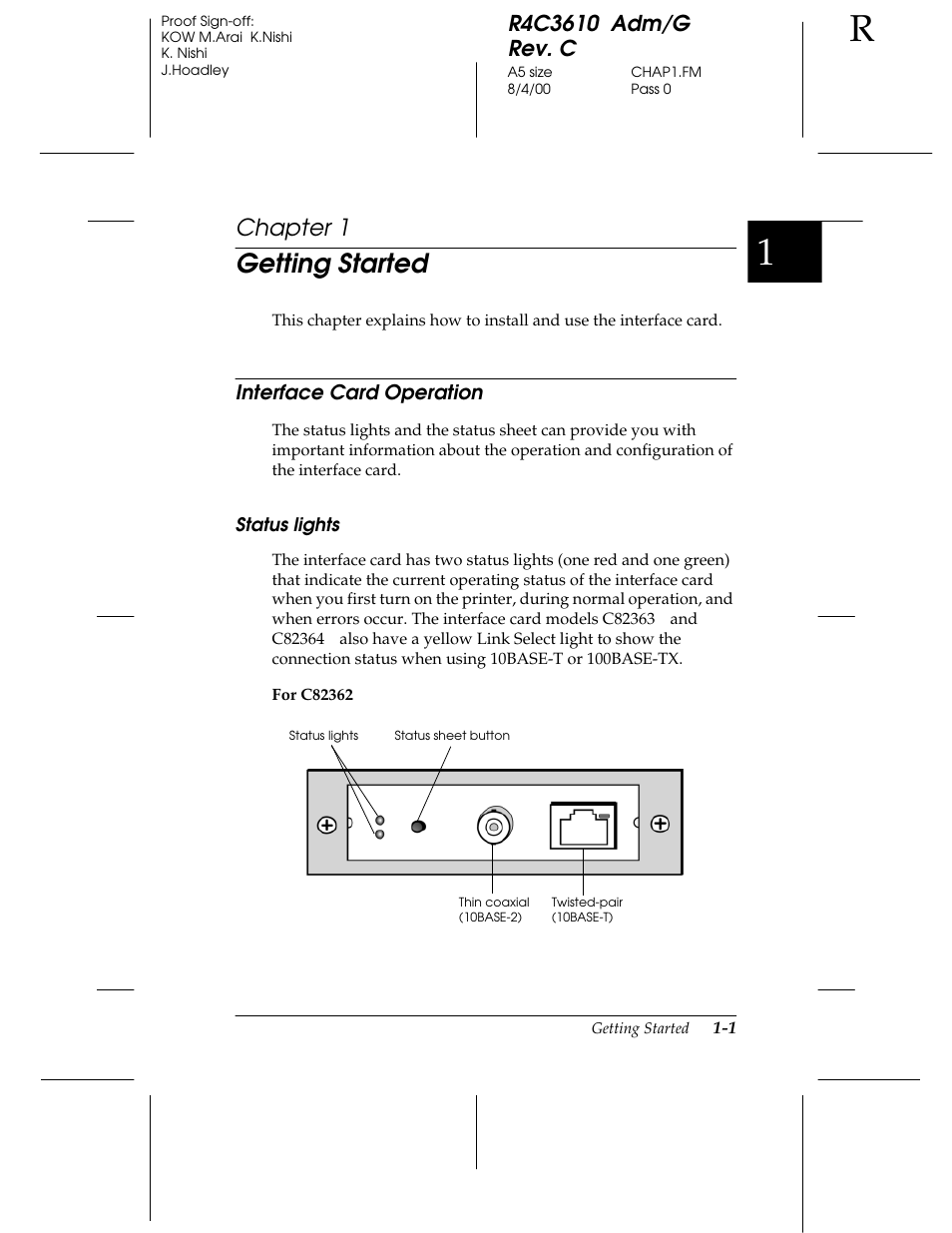 Chap 1-getting started, Interface card operation, Status lights | Getting started, Chapter 1 | Epson C82362 User Manual | Page 19 / 279