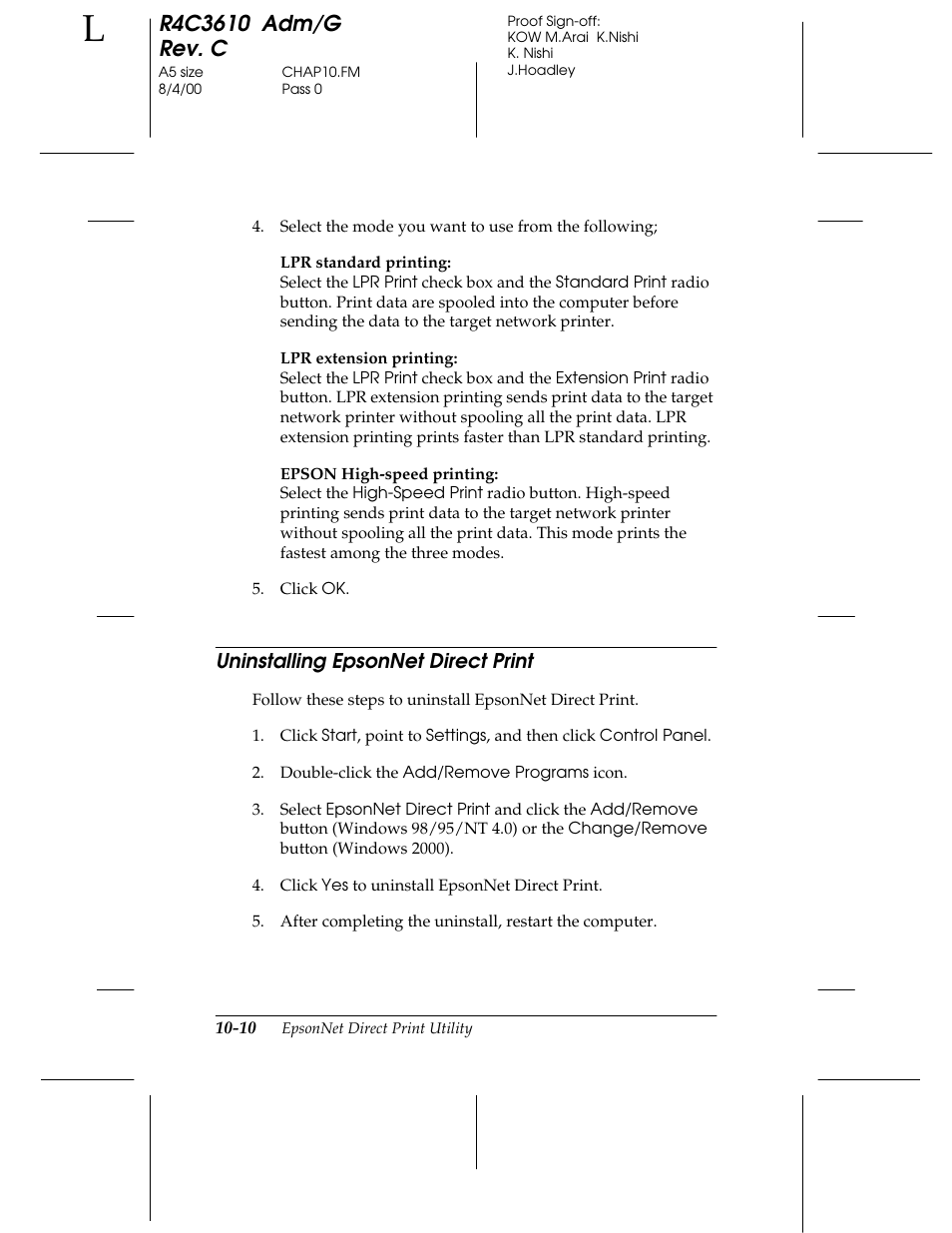 Uninstalling epsonnet direct print | Epson C82362 User Manual | Page 196 / 279