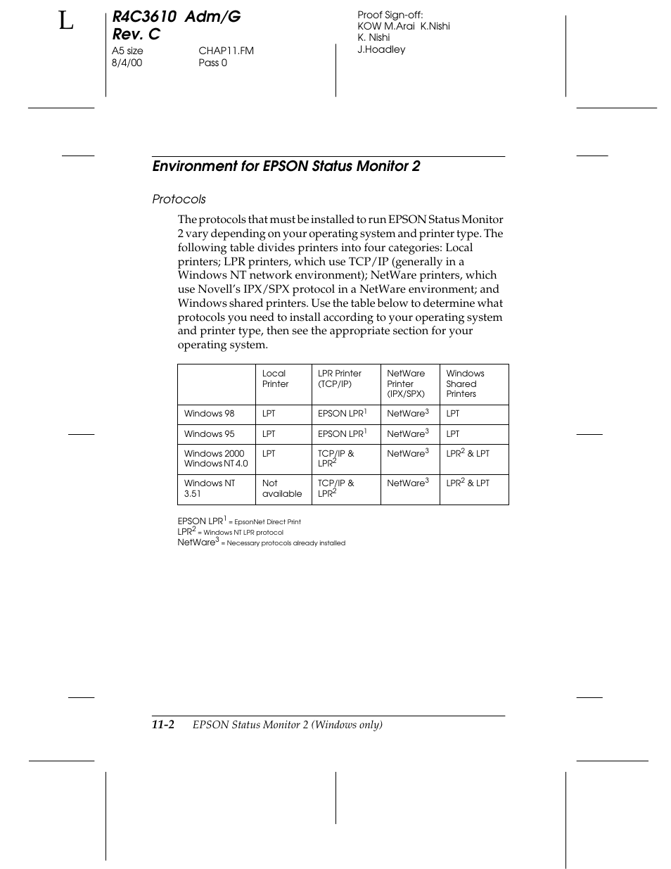 Environment for epson status monitor 2, Protocols | Epson C82362 User Manual | Page 198 / 279